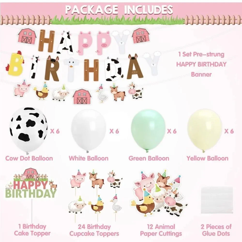 Farm Animals Birthday Party Barnyard Decor Banner Cake Topper Balloon Hat Pastel
